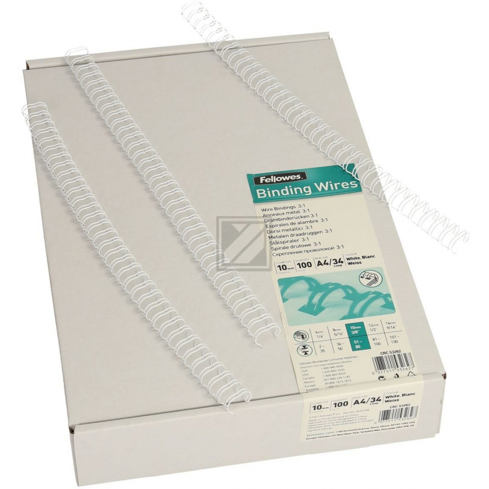 FELLOWES Drahtbinderücken 10mm 53262 weiss 100 Stück