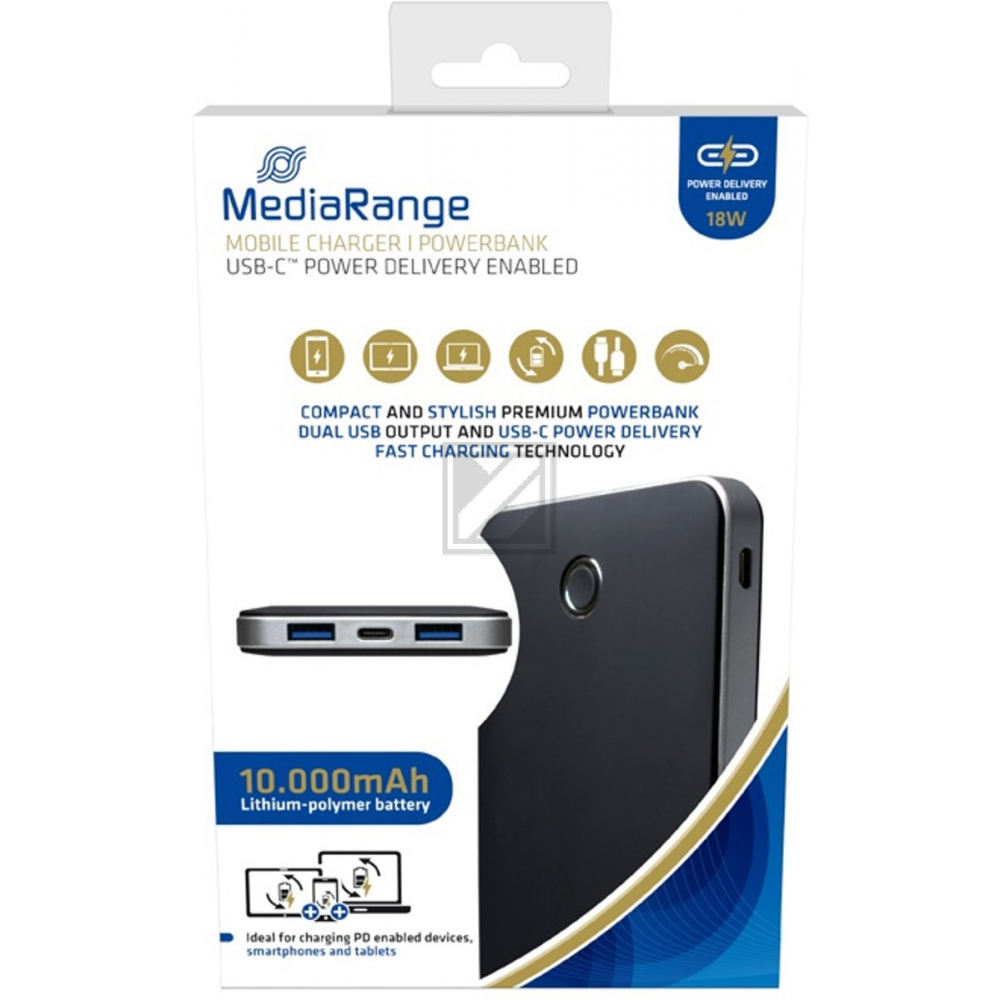 MEDIARANGE MOBILE POWERBANK SCHWARZ MR753 10.000mAh Micro-USB-C Ladekabel