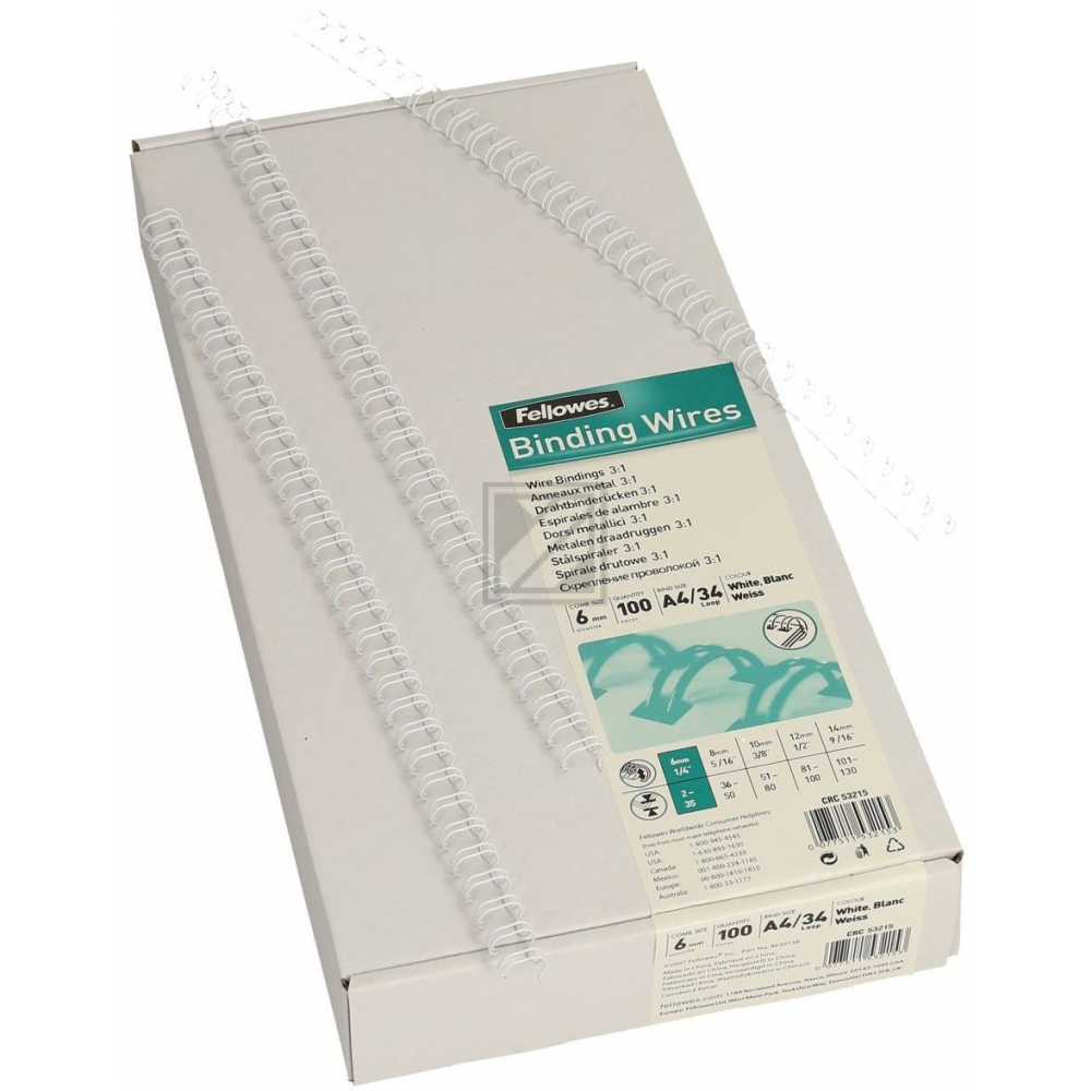 FELLOWES Drahtbinderücken 6mm 53215 weiss 100 Stück