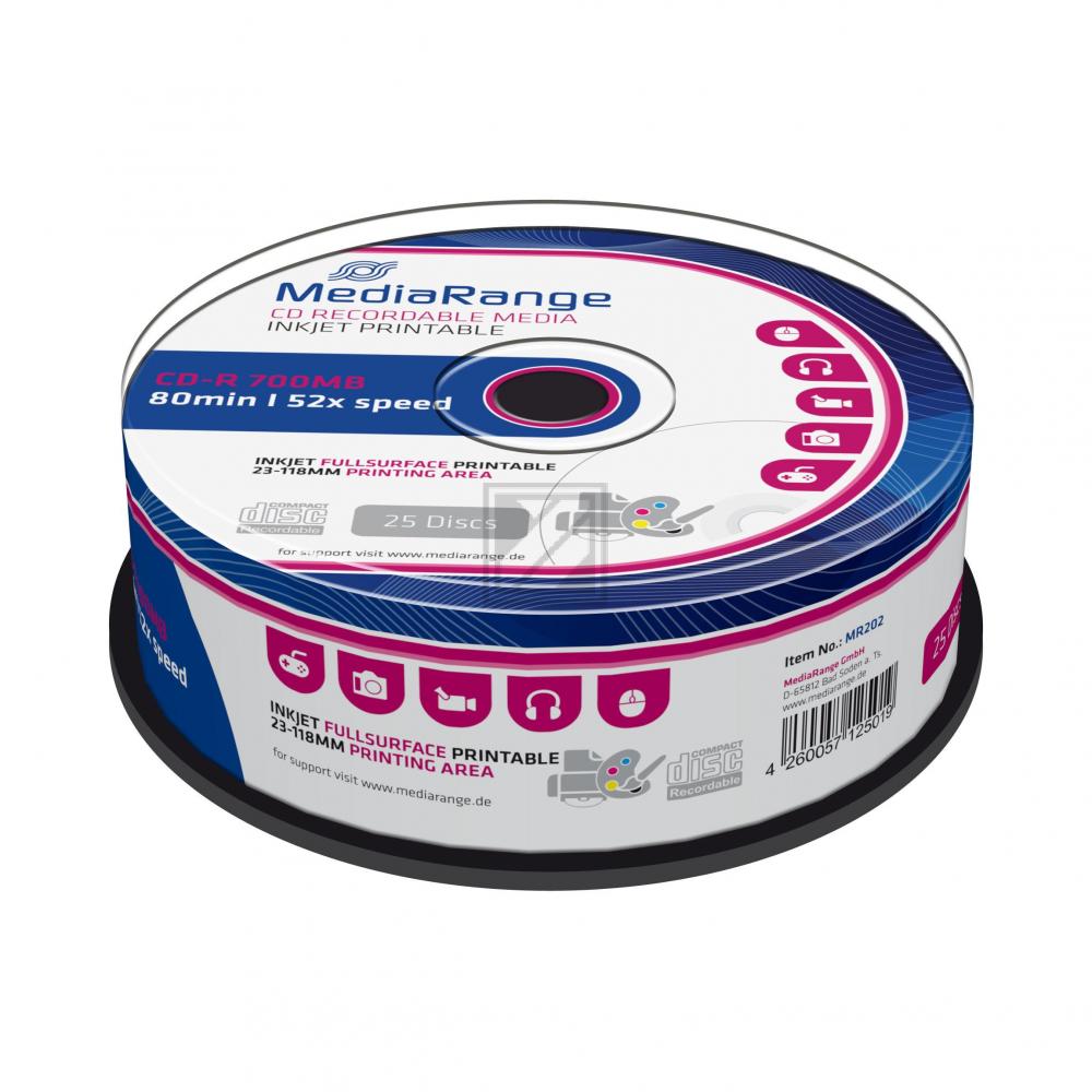 MEDIARANGE CDR80 700MB 52x (25) CB WEISS MR202 Cake Box tintenstrahlbedruckbar