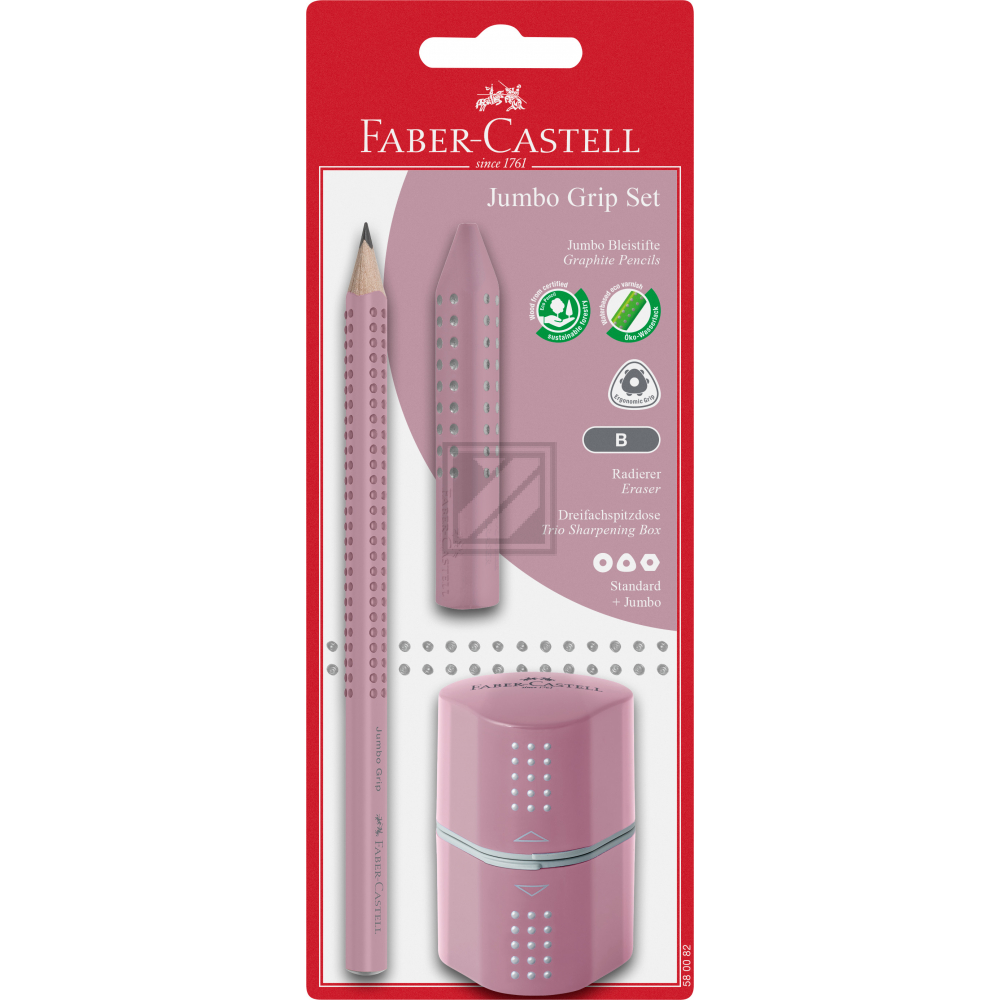 FABER-CA. Bleistift B/Radierer/Spitzer 580082 Jumbo Grip Set rose shadows