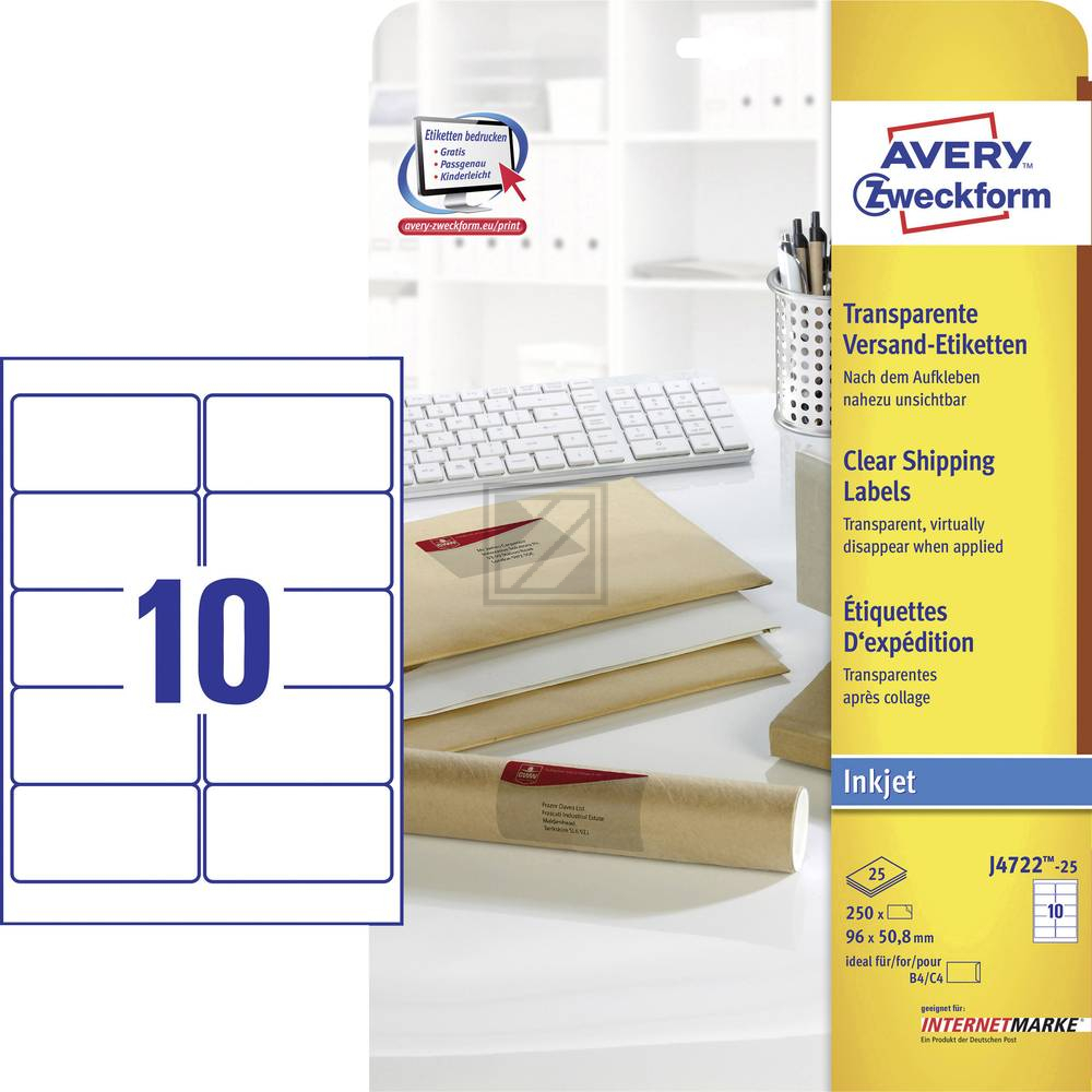 AZ Adress-Etiketten J4722-25 transparent Inh.250 96,0 x 50,8 mm Avery Zweckform