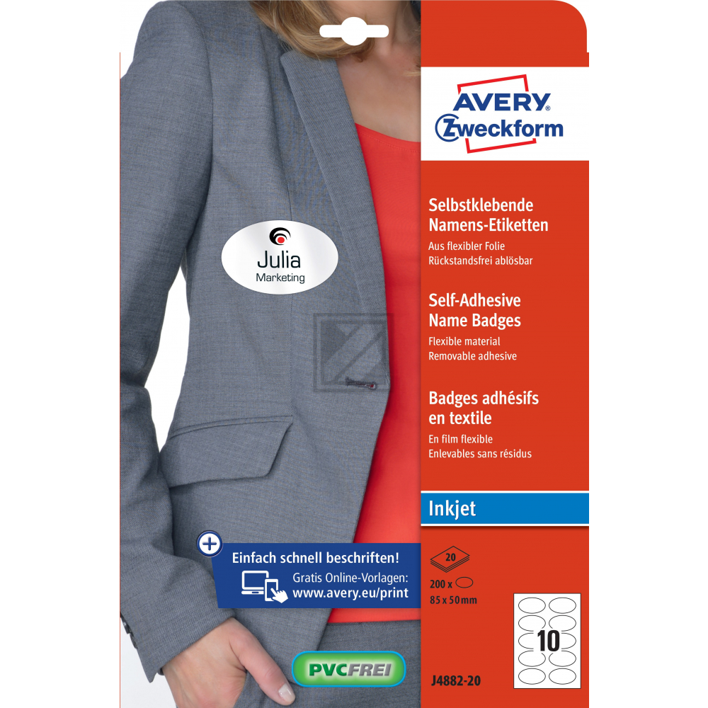 AVERY ZW. Namensetiketten 85x50mm J4882-20 weiss 20 Blatt/200 Stk.