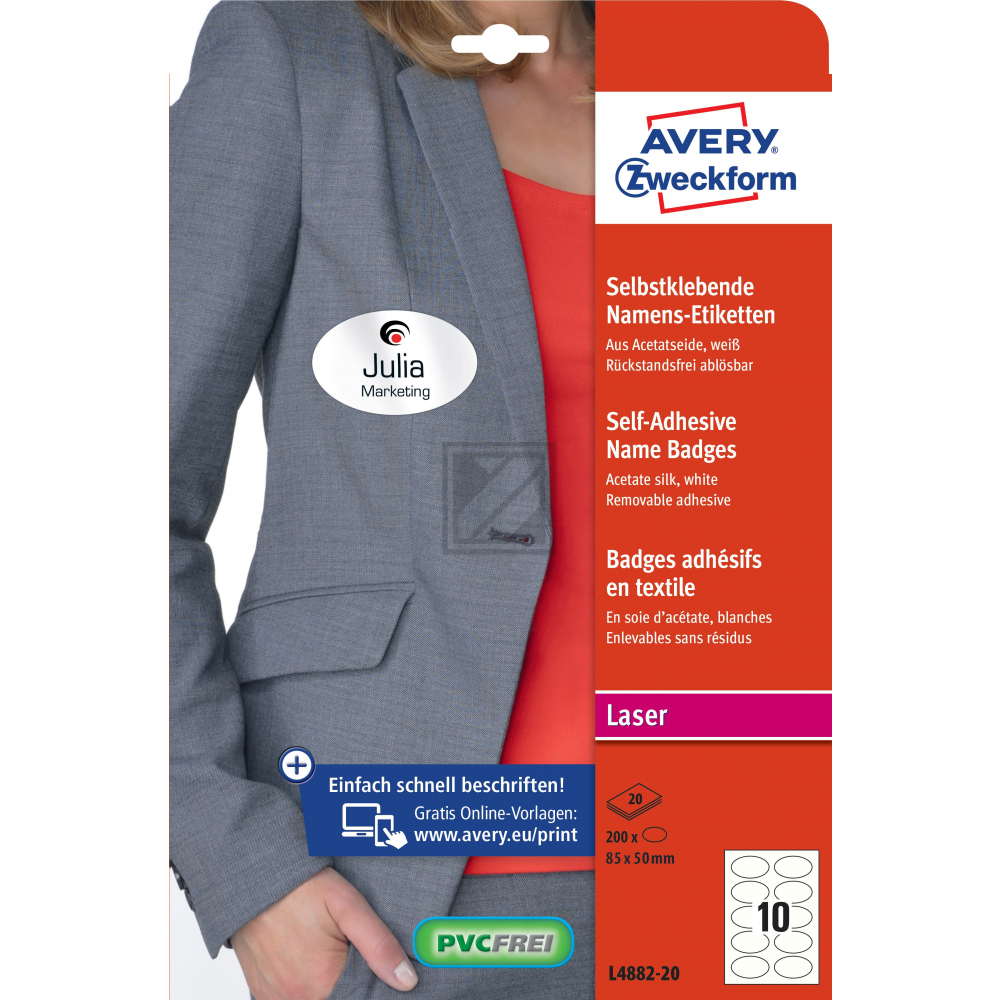 AVERY ZW. Namensetiketten 85x50mm L4882-20 weiss 20 Blatt/200 Stk.